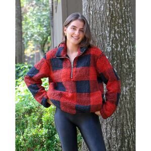 MEROKEETY Women's Plaid Sherpa Fleece Zip Pullover Jacket Medium